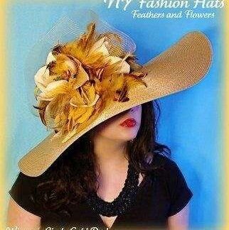 Haute Couture Antique Gold Luxury Big Large Brim Designer Hat, NYFashionHats Millinery, Hats For Horse Races, Weddings Formals, Pretty Baby