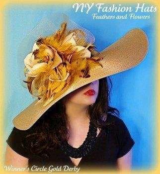 Haute Couture Antique Gold Luxury Big Large Brim Designer Hat, NYFashionHats Millinery, Hats For Horse Races, Weddings Formals, Pretty Baby