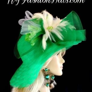 Kelly Green White Wedding Church Temple Hat, Hats For Horse Races, Kentucky Derby Hats, Wide Brim Hat NYFashionHats, CoutureDesignerHats, K0