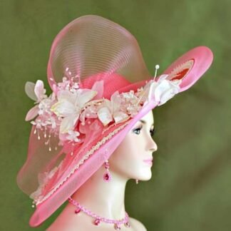 Women's Flamingo Pink White Sequin Pearl Velvet Flower Hat, Wide Brim Couture Designer Wedding Hat Races 7gh1