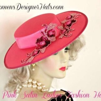 Women's Hot Pink Sequin Designer Satin Wide Brim Dress Hat, Weddings Church Formals Hats 8997