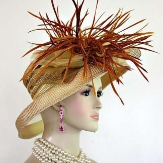 Woman's Designer Gold Formal Church Special Occasion Hat, Ladies Wedding Dress Hats With Feathers