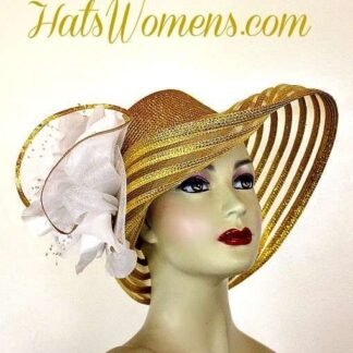 Metallic Gold White Wide Brim Designer Fashion Wedding Hat, Kentucky Derby Hats