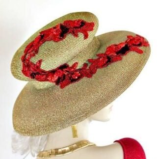 Metallic Gold Red Designer Women's Dress Hat, Wide Brim Hats