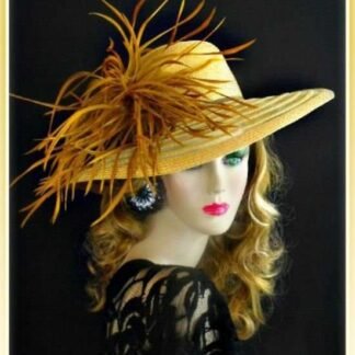 Ladies Antique Gold Feathered Kentucky Derby Hat, Hats For Church Dress Weddings Formals 8tte