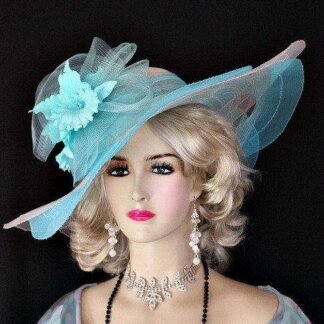 Turquoise Aqua Blue White Wide Brim Kentucky Derby Hat, Womens Hats