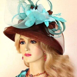 Brown Aqua Turquoise Straw Kentucky Derby Hat, Women's Designer Hats