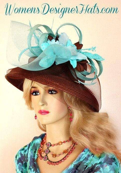 Brown Aqua Turquoise Straw Kentucky Derby Hat, Women's Designer Hats
