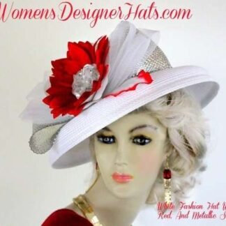 White Silver Red Kentucky Derby Hat, Women's Designer Dress Hats