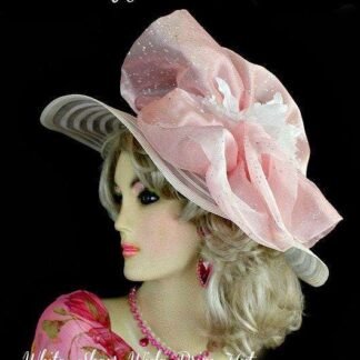 Ladies White Pink Wide Brim Derby Occasion Hat, Women's Hats