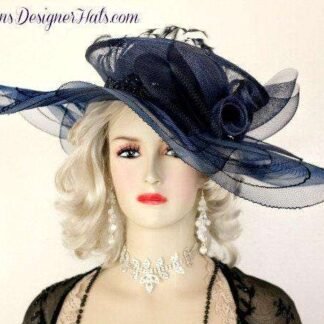Ladies Navy Blue Sinamay Sheer Wide Brimmed Haute Couture Designer Hat, Avant Garde Hats, Hats For Formals Weddings Dress Up Events, Kentucky Derby Hats, Royal Ascot Hats, Derby Luncehon Tea Hats, Mother Of The Bride Hats, Dress Hats For Women, Ladies Church Hats, NYFashionHats.com, NY Fashion Hats Headwear Millinery Apparel Headdress, Cruise Ship Evening Hats Vacation, Casino Show Tickets Hat Parade Bets Betting Horse Racing Hats, High Fashion Hats In Navy Blue, Stylish, Style, Elegant