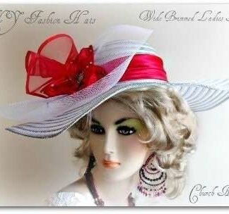 Haute Couture Silver White Red Horsehair Satin Hat, NYFashionHats Millinery, Wide Large Brim Designer Hat For Women, Dress Church Formals