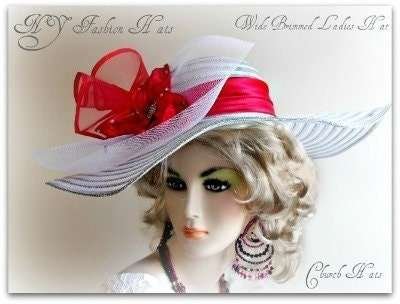 Haute Couture Silver White Red Horsehair Satin Hat, NYFashionHats Millinery, Wide Large Brim Designer Hat For Women, Dress Church Formals