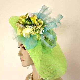 Couture Women's Hat Lime Green Yellow Aqua Blue For Wedding Church Dress Royal Ascot, Melbourne Cup Hats, Kentucky Derby Hats Fl2