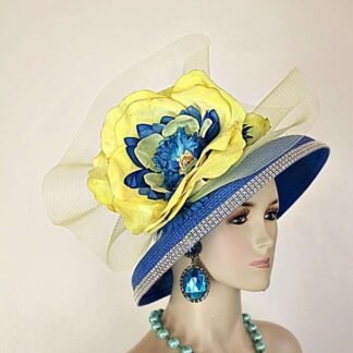 Couture Royal Blue Yellow Statement Wedding Church Fashion Hat, Royal Ascot Hat, Melbourne Cup Hat, Kentucky Derby Hat, 0213