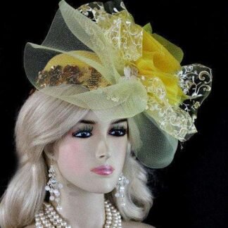 Yellow White Metallic Gold Couture Designer Pillbox Wedding Bridal Hat Cocktail Hat Headpiece