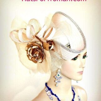 Couture Sculptured Statement Hat Wedding Ivory Beige Metallic Gold, Formal Church Dress Designer Hats 9b6