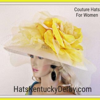 Motf Premium Couture Designer White Yellow Big Flower Hat, Wedding Church Hat, Kentucky Derby Hats Races, NYFashionHats Custom Millinery Dee