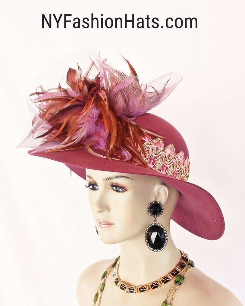 Couture Designer Statement Feather Dress Hat, Mauve Violet Pink Lavender Purple Winter Hats, Wedding Formals Church Horse Racing Millinery