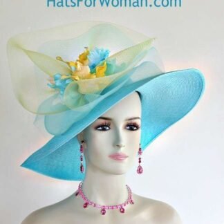 Kentucky Derby Hat, Women's Turquoise White Yellow Formal Dress Hat, Hats For Horse Races, Occasion Wedding Formal Hat, NYFashionHats Zina