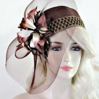 Brown Ivory Metallic Gold Satin Cloche Pillbox Hat, Formal Wedding Hat, High Holiday Sabbath Hats, Couture Designer Dress Hat, Katherine