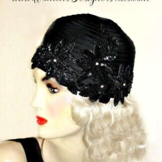Black Satin Designer Cloche 1920s Sequin Beaded Rhinestone Flapper Hat Cocktail Pillbox Hats For Women U771