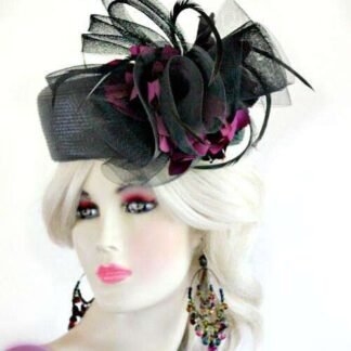 Ladies Black Dressy Designer Pillbox Hat With Fuchsia Flowers Hats