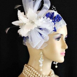 White Silver Royal Blue Satin Rhinestone Cloche Pillbox Cocktail Hat Flapper 1920's Art Deco, Wedding Church Designer Kentucky Derby Hats