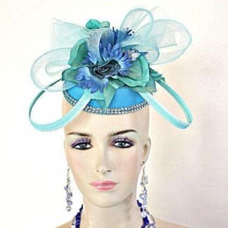 Kentucky Derby Hats Sinamay Straw Blue Green Pillbox Fascinator Hat, Designer Wedding Church Bridal Headpiece Hb7