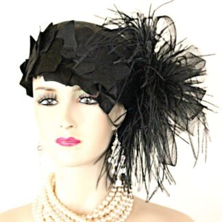 Black Sinamay Straw Cloche Flapper Vintage Wedding Bridal Cocktail Pillbox Hat, Designer Fashion Kentucky Derby Hats Feathers