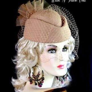 Camel Beige Designer Pillbox Winter Wool Fashion Hat With A Veil, Church Temple Wedding Dress Hats, NYFashionHats Millinery Headwear Mia