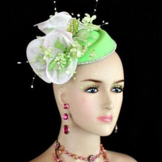 Ladies Lime Green White Mini Felt Winter Fall Pillbox Cocktail Hat Wedding Fascinator Bridal Headpiece, Church Dress Formal Hats
