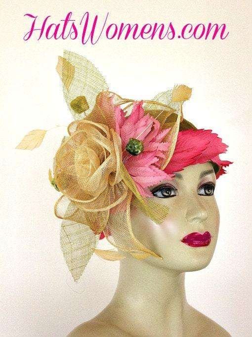 Olive Lime Green Ivory Sinamay Straw Cloche Flapper Wedding Bridal Cocktail Pillbox Hat With Hot Pink Flowers, Designer Fashion Kentucky - Image 2