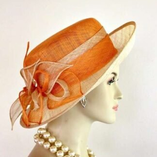 Ladies Orange Soft Ivory Beige Wide Brim Sinamay Straw Hat, Hats For Horse Races, Kentucky Derby Hat, NYFashionHats Millinery, Ada