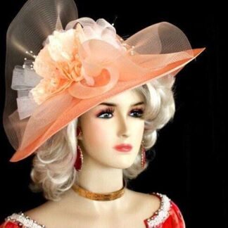 Ladies Peach White Wide Brim Kentucky Derby Hat Church Special Occasion Bridal Hats