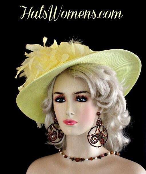 Hats For Horse Races, Kentucky Derby Hats, Ladies Yellow Kentucky Derby Hat Feathers Satin Rose, Designer Fashion Dress Wedding Hats, Liza - Image 2