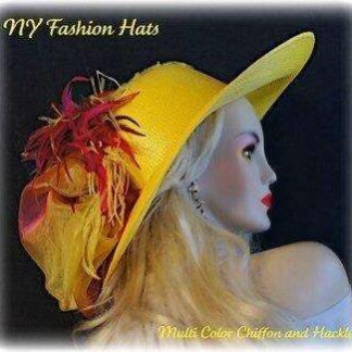 Haute Couture Luxury Ostrich Feather Statement Hat, Big Brim Lemon Yellow Hot Pink Orange Hat, NYFashionHats, Hats For Horse Races, Denise