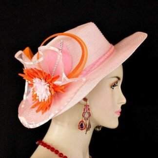 Kentucky Derby Hats, Women's Pink Orange Designer Brim Special Occasion Custom Dress Hat 77a