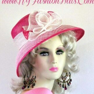 Kentucky Derby Hat, Hot Pink White Sinamay Straw Couture Designer Hat, Hats For Horse Races, Spring Summer Sun Hat Racing, NYFashionHats