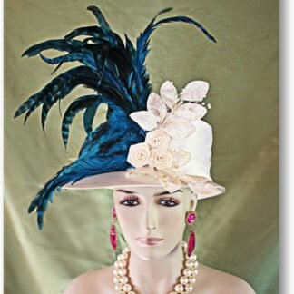 Haute Couture Designer Satin Wedding Hat, Ivory Off White Peacock Blue Formal Hat