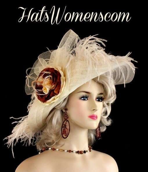 Woman's Ivory Brown Wide Brim Kentucky Derby Hat Races, Custom Motf Premium Wedding Hat For Women, Couture Designer Hats, NYFashionHats,