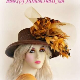 Ladies Brown Designer Kentucky Derby Hat With Mustard Yellow Feathers