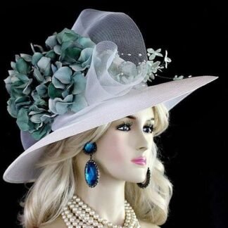 Haute Couture Luxury Statement Big Large Brim Hats, White Sage Teal Green Formal Wedding Bridal Hat, NYFashionHats Millinery, MaryAnna
