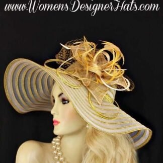 White Metallic Gold Wide Brim Designer Fashion Hat, Women's Dress Hats