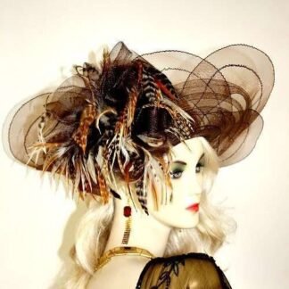 Women's Designer Brown Ivory Tiger Feathers Kentucky Derby Hat, Custom Wedding Church Dress Hats