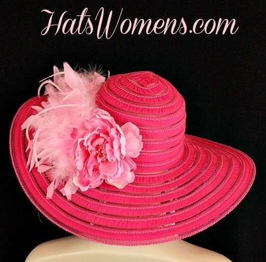 Ladies Hot Pink Wide Brim Church Wedding Designer Fashion Hat Feathers Flower, Kentucky Derby Hats - Image 2