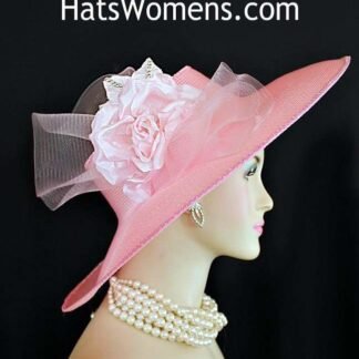 Pink Silver Women's Crownless Wide Brim Kentucky Derby Hat, Spring Designer Church Wedding Hats