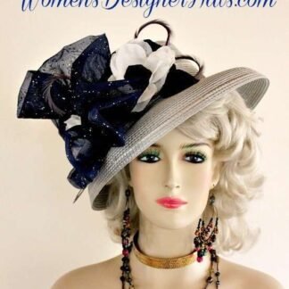 Fashion Hats For Weddings Brides Bridal, Silver Grey White Navy Blue Designer Couture Hat, Temple Church Formal Hat, NYFashionHats Millinery