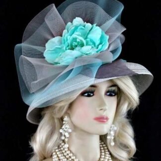 Ladies Silver Grey Aqua Turquoise Blue Designer Fashion Hat, Wedding Church Kentucky Derby Hats