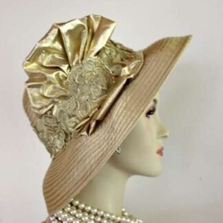 Gold Satin Designer Hat For Women, Church Hat, Formal Dress Hat, Mother Of The Bride Hat, Big Brim Hat